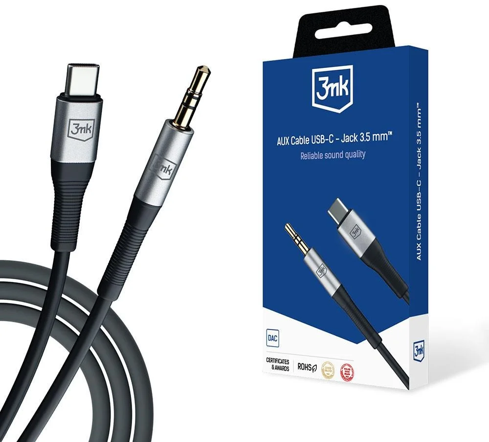3mk audio kábel - AUX kábel USB-C - Jack 3,5 mm, 1 m, čierny