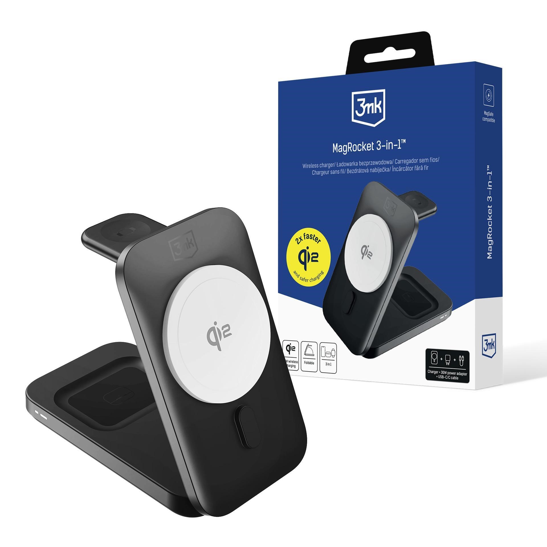 3mk bezdrátová nabíječka - MagRocket 3-in-1, technologie Qi2, 15W, černá