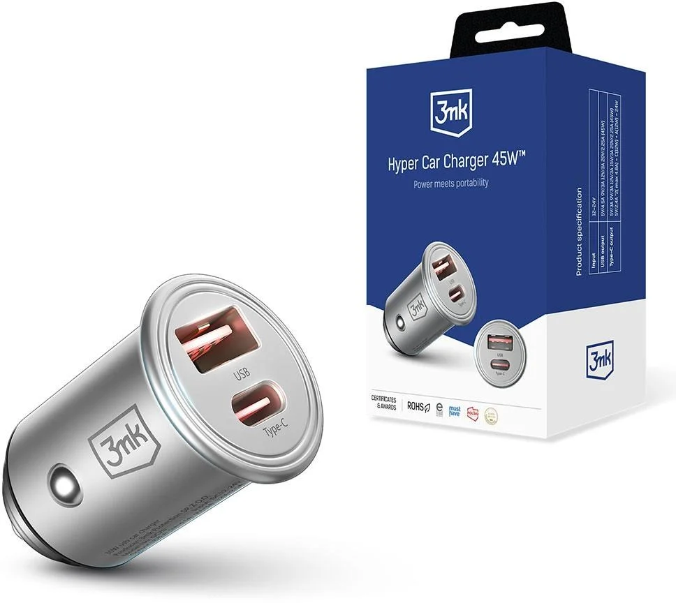 3mk nabíječka do auta - Hyper Car Charger 45W, 1x USB + 1x USB-C (PD)