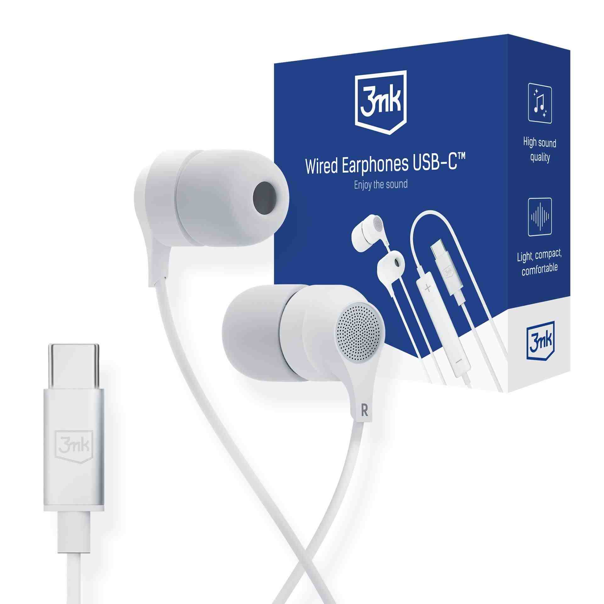 3mk Wired Earphones USB-C, bílá