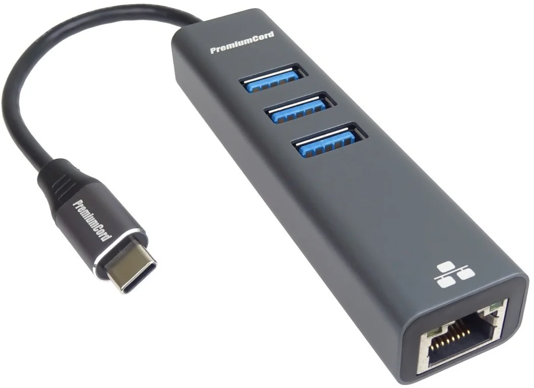Adaptér PremiumCord USB-C na gigabitový 10/100/1000Mbps + 3x konektor USB3.0