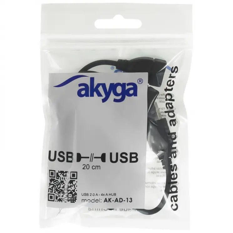 Akyga Hub USB 2.0 4-portový, ABS, čierny, 15 cm