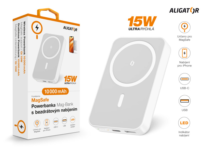 Aligator Mag-Bank, 10 000 mAh, biela