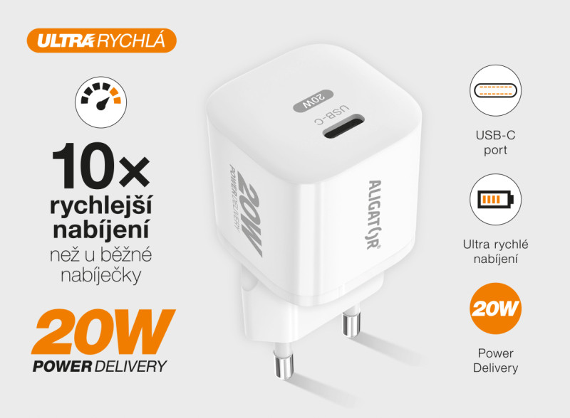 ALIGATOR Mini rýchlonabíjačka, PD 20W, USB-C/bleskový kábel, biela