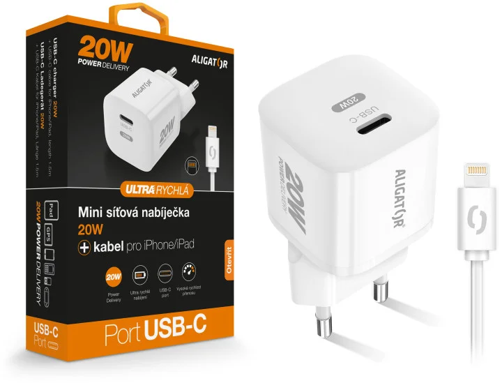ALIGATOR Mini rýchlonabíjačka, PD 20W, USB-C/bleskový kábel, biela