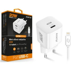 ALIGATOR Mini rýchlonabíjačka, PD 20W, USB-C/bleskový kábel, biela