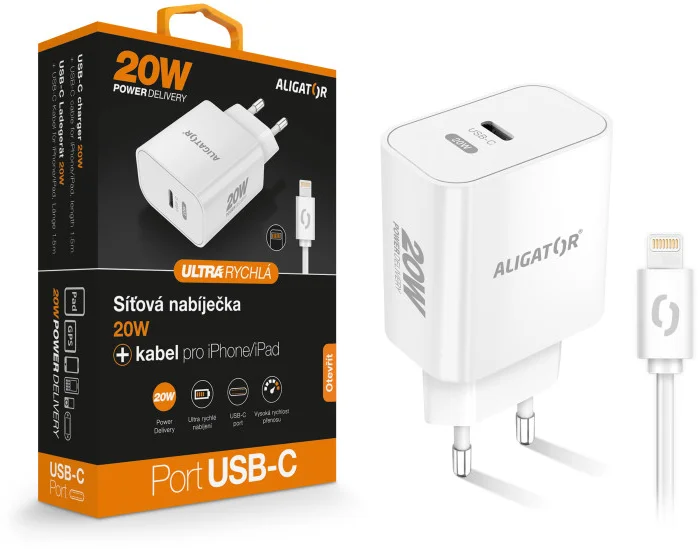 ALIGATOR PD 20W rýchlonabíjačka USB-C s káblom USB-C/Lightning (iPhone), biela
