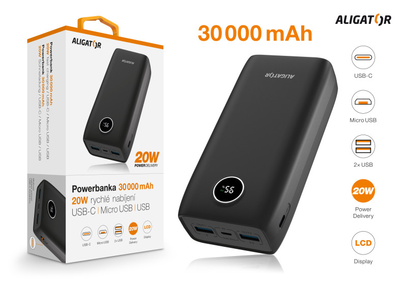 ALIGATOR Power Delivery 20W, 30 000 mAh, čierna
