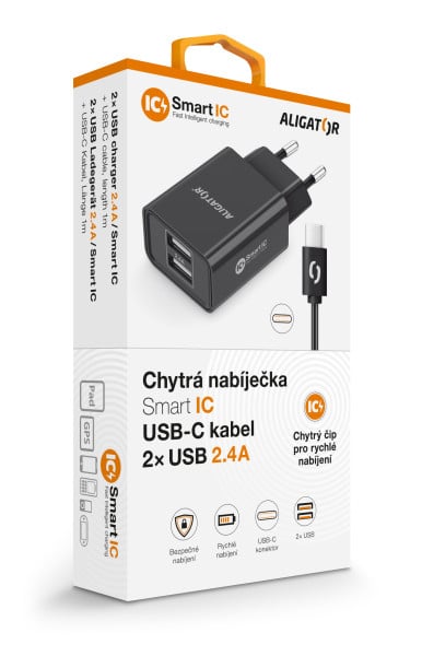 ALIGATOR síťová nabíječka USB-C 2xUSB výstup, 2,4A, smart IC, černá
