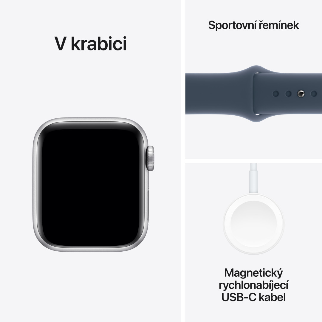 Apple Watch SE 40mm Stříbrný hliník s bouřkově modrým sportovním řemínkem - M/L