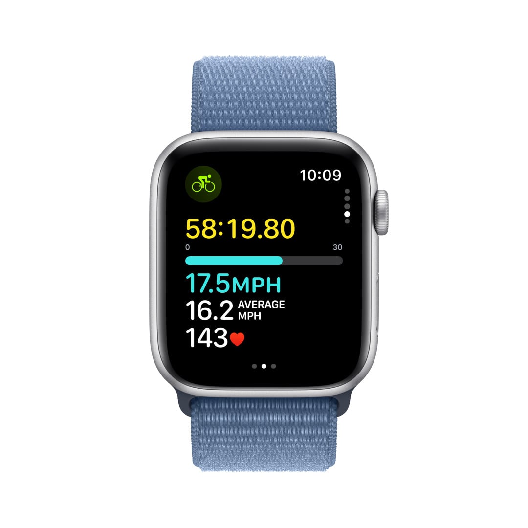 Apple Watch SE 40mm Stříbrný hliník s ledově modrým provlékacím sportovním řemínkem