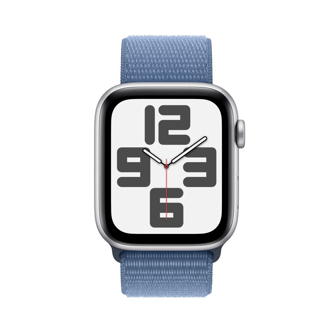 Apple Watch SE 40mm Stříbrný hliník s ledově modrým provlékacím sportovním řemínkem