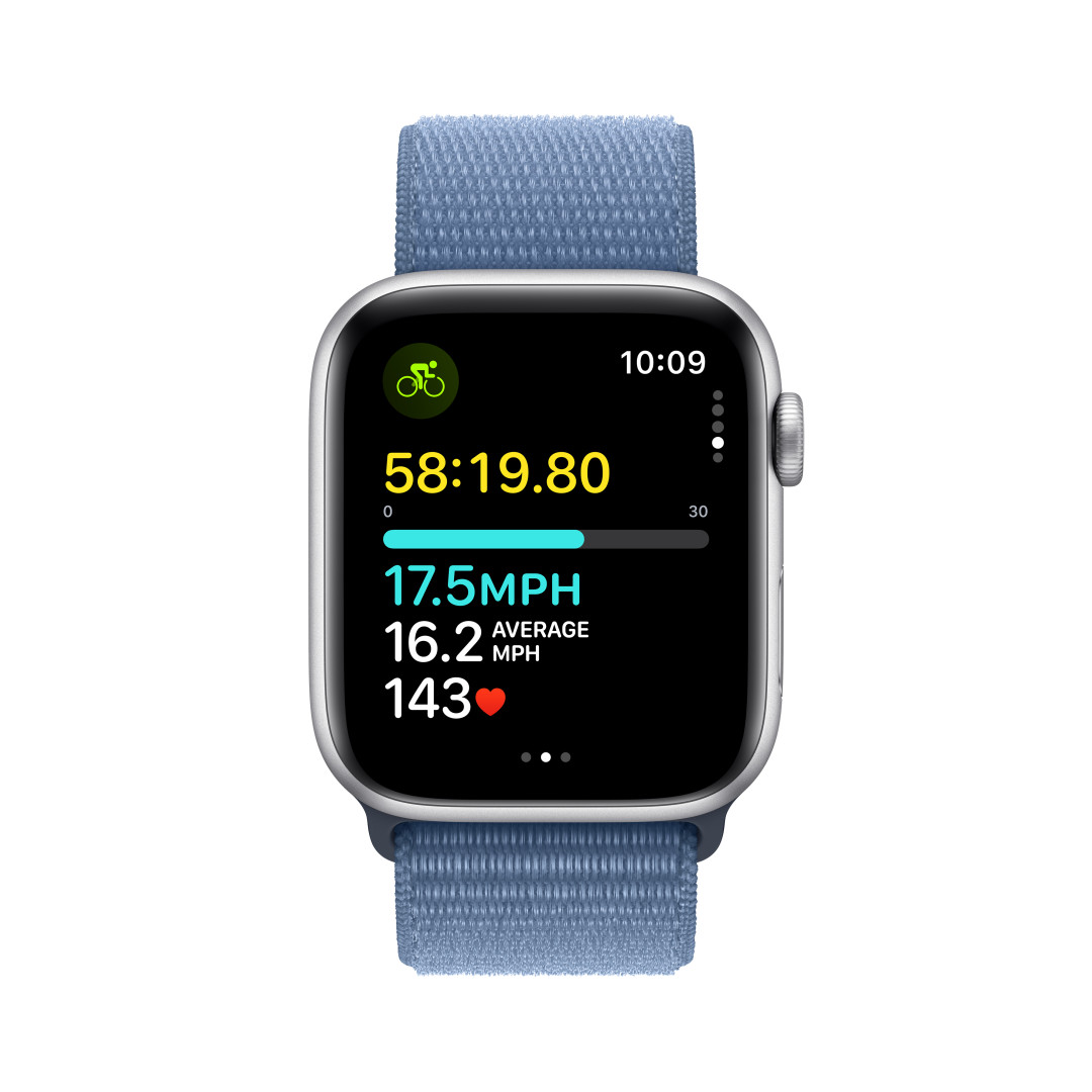 Apple Watch SE 40mm Stříbrný hliník s ledově modrým provlékacím sportovním řemínkem