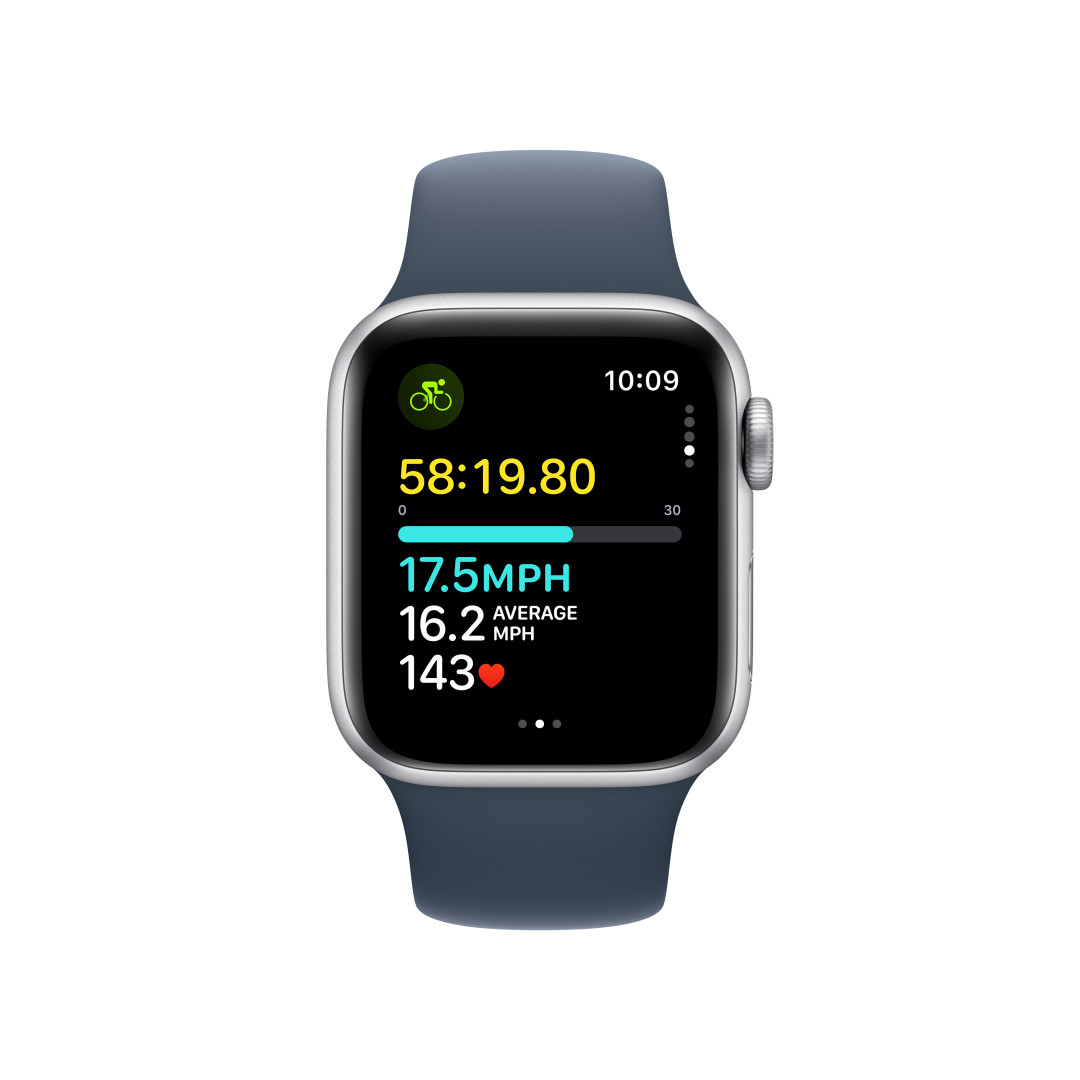 Apple Watch SE Cellular 40 mm strieborné hliníkové so športovým remienkom v búrkovo modrej farbe - S/M