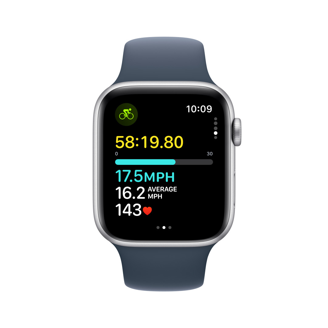 Apple Watch SE Cellular 44 mm Strieborný hliník s búrkovo modrým športovým remienkom - S/M