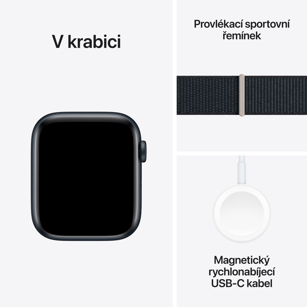 Apple Watch SE Cellular 44mm Temně inkoustový hliník s temně inkoustovým provlékacím řemínkem