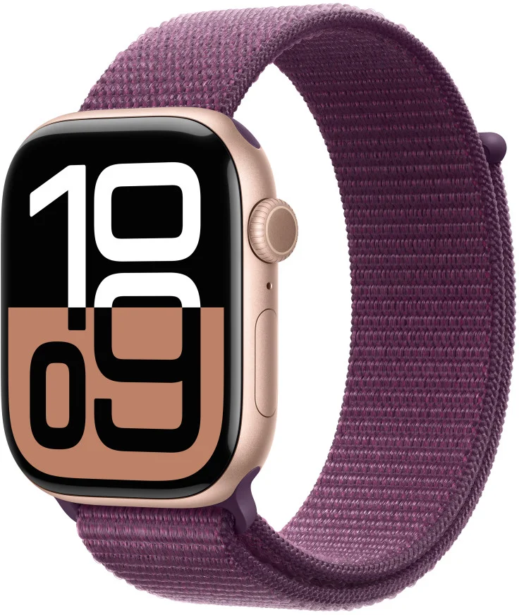 Apple Watch Series 10 GPS + Cellular 42mm Rose Gold Aluminium Case with Plum Sport Loop (MWXC3QC/A)