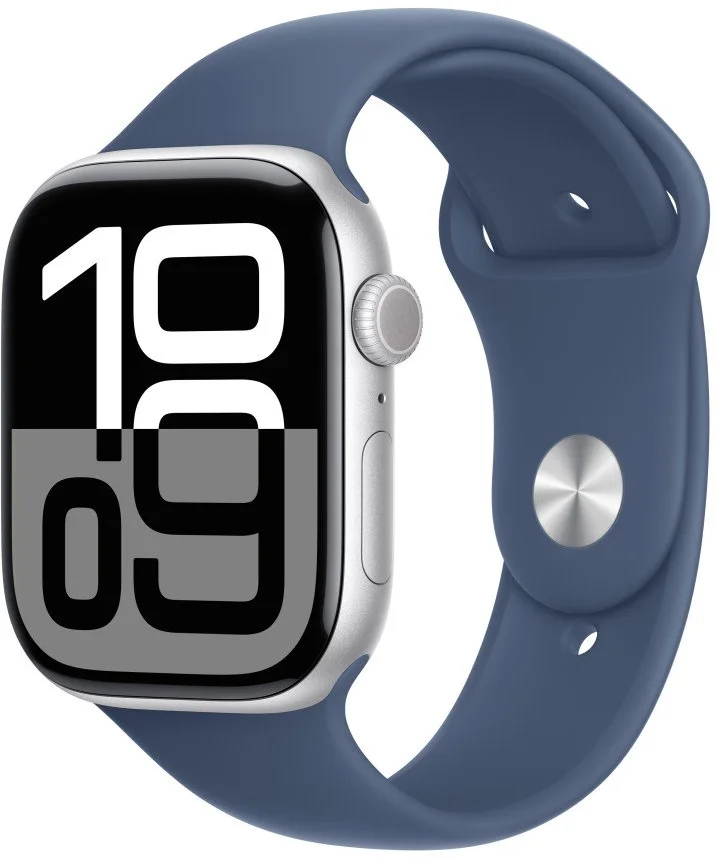 Apple Watch Series 10 GPS + Cellular 46mm Silver Aluminium Case with Denim Sport Band - S/M (MWY03QC/A)