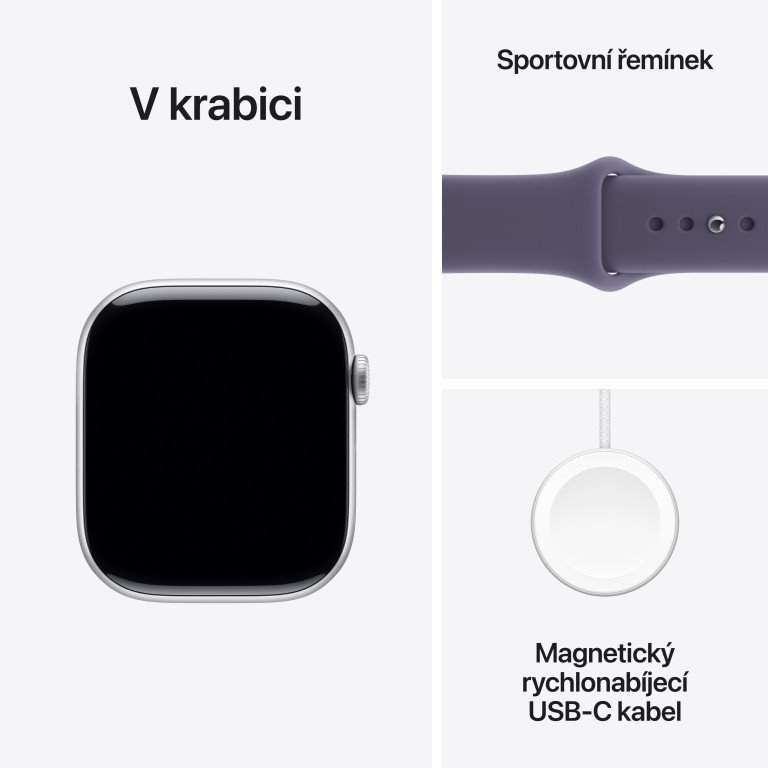 Apple Watch Series 11 GPS 42 mm strieborné puzdro Fialový športový remienok - S/M