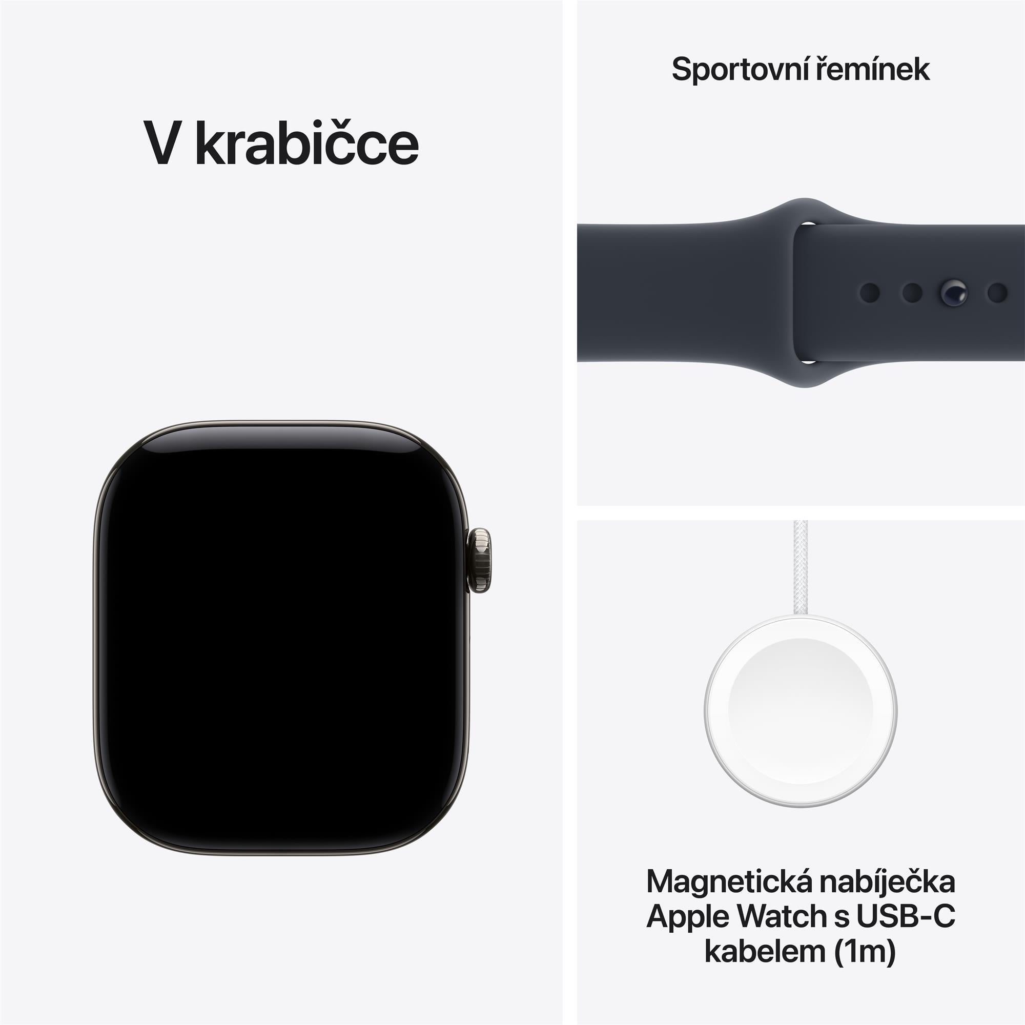 Apple Watch Series 12 GPS + Cellular 46 mm, puzdro z prírodného titánu s tmavomodrým športovým remienkom – M/L