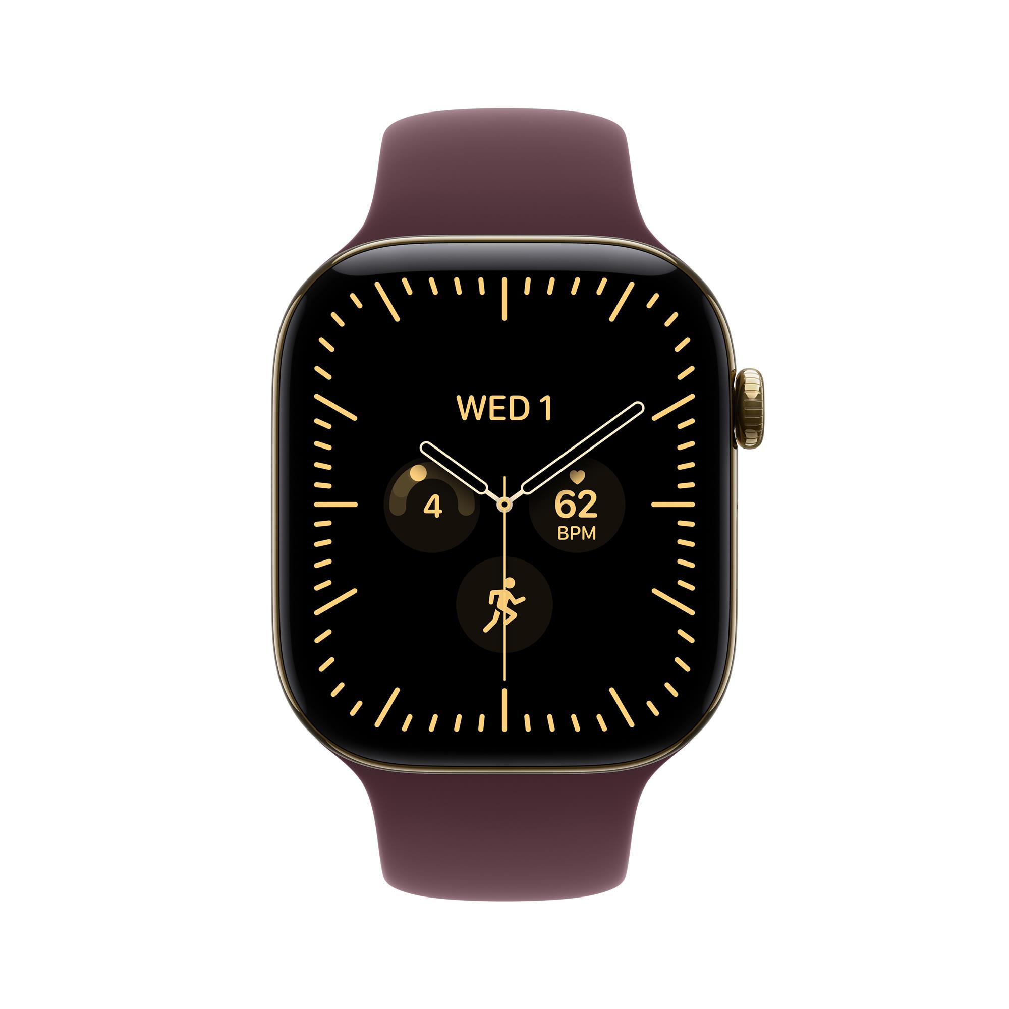 Apple Watch Series 12 GPS + Cellular 46 mm, puzdro z titánu v odtieni Radiant Gold s športovým remienkom v odtieni Burgundy – S/M