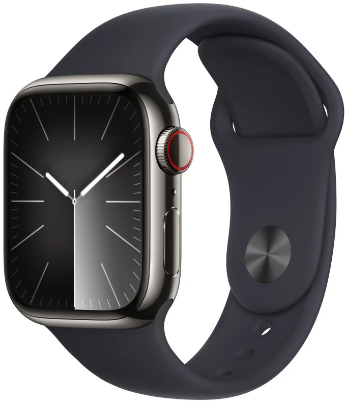 Apple Watch Series 9 41 mm Cellular Grafitovo sivá nehrdzavejúca oceľ s tmavým atramentovým športovým remienkom - S/M