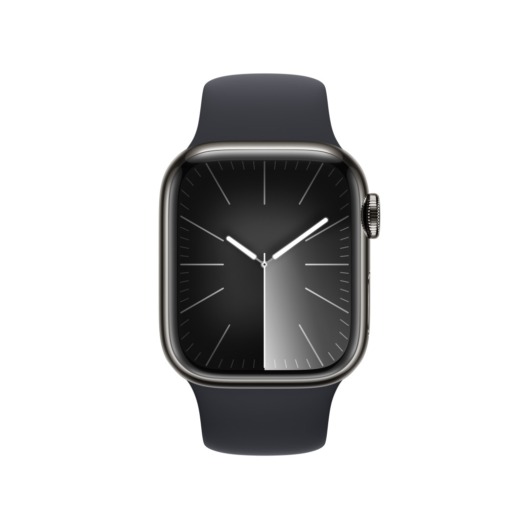 Apple Watch Series 9 41 mm Cellular Graphite Grey z nehrdzavejúcej ocele s tmavým atramentovým športovým remienkom - M/L