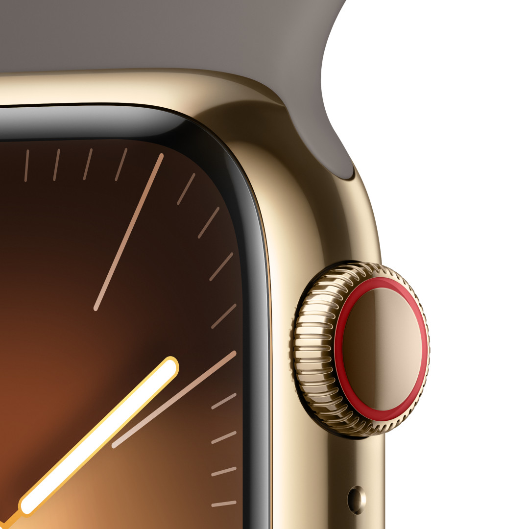 Apple Watch Series 9 41 mm Cellular z nehrdzavejúcej ocele so zlatým športovým remienkom - M/L