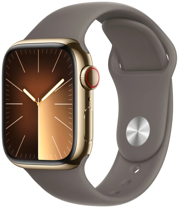 Apple Watch Series 9 41 mm Cellular z nehrdzavejúcej ocele so zlatým športovým remienkom - M/L