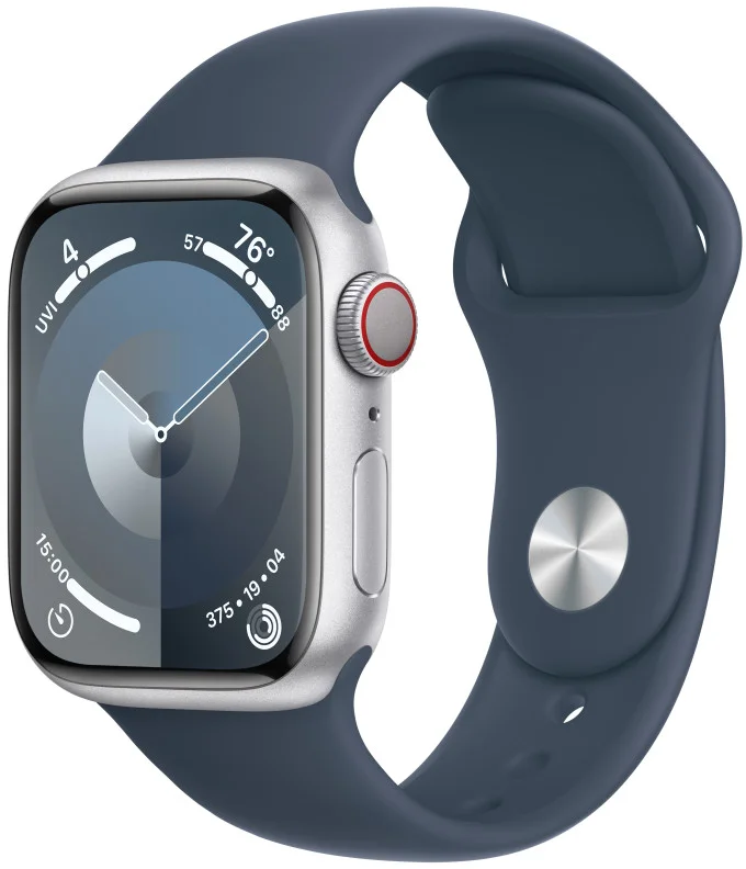 Apple Watch Series 9 41mm Cellular Stříbrný hliník s ledově modrým sportovním řemínkem - S/M