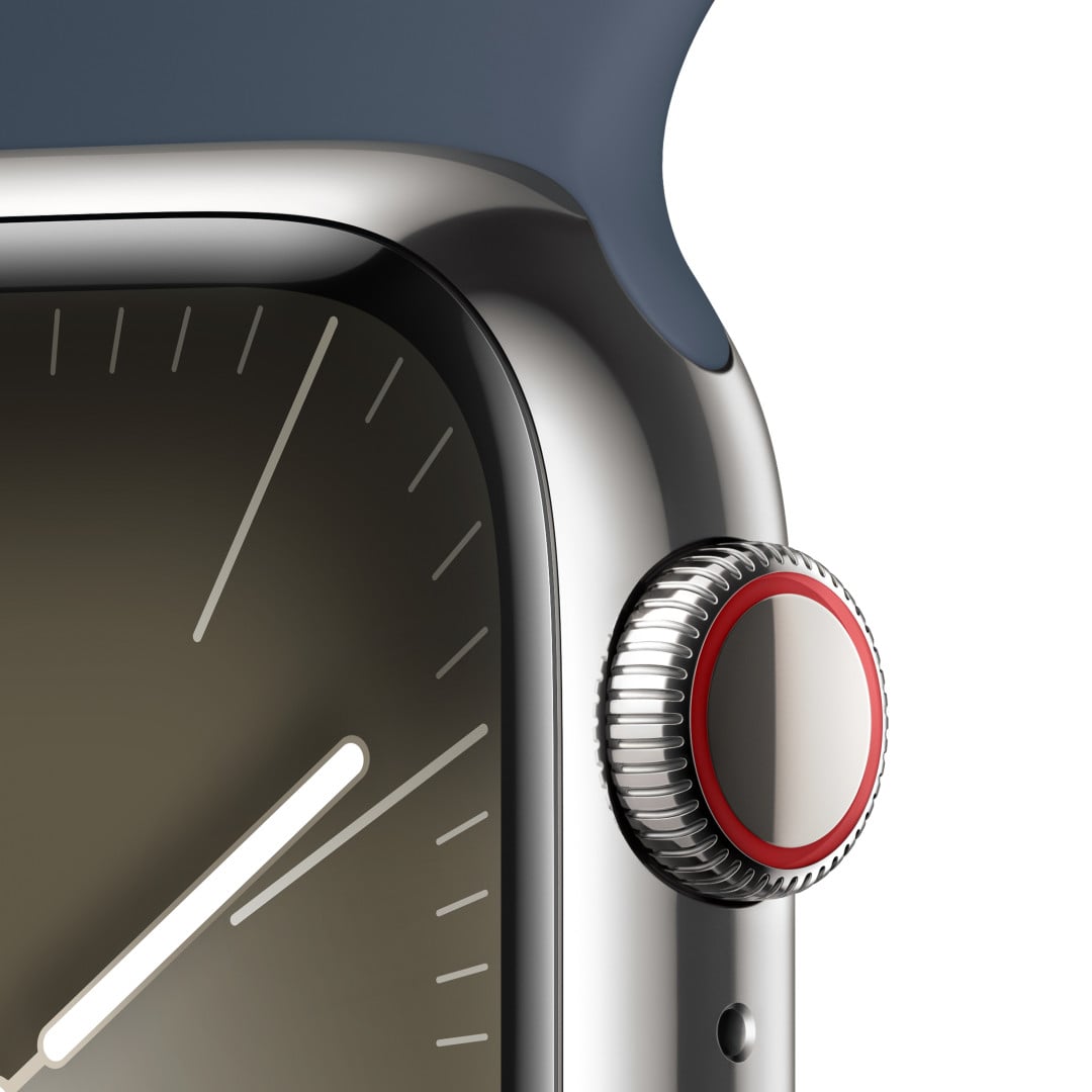 Apple Watch Series 9 41mm Cellular Stříbrný nerez s ledově modrým sportovním řemínkem - S/M