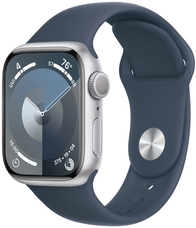 Apple Watch Series 9 41mm Stříbrný hliník s ledově modrým sportovním řemínkem -M/L