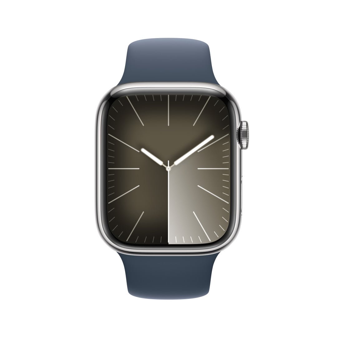 Apple Watch Series 9 45 mm Cellular Silver z nehrdzavejúcej ocele s ľadovo modrým športovým remienkom - M/L