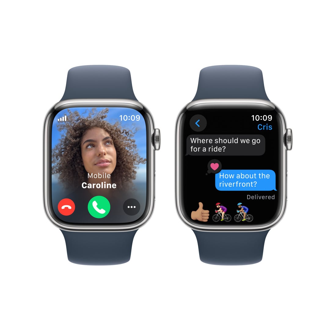 Apple Watch Series 9 45 mm Cellular Silver z nehrdzavejúcej ocele s ľadovo modrým športovým remienkom - M/L