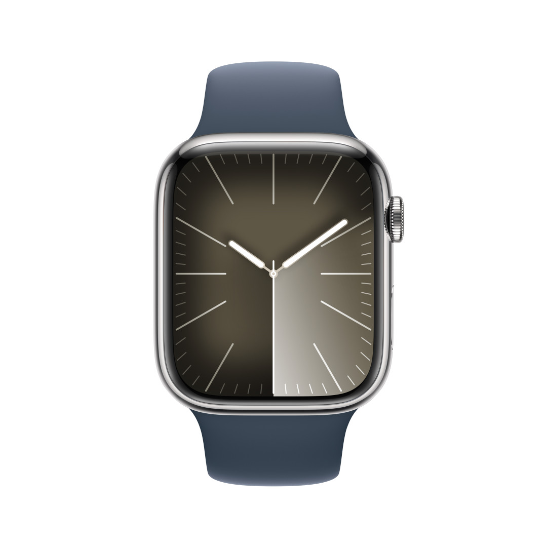 Apple Watch Series 9 45 mm Cellular Silver z nehrdzavejúcej ocele s ľadovo modrým športovým remienkom - S/M