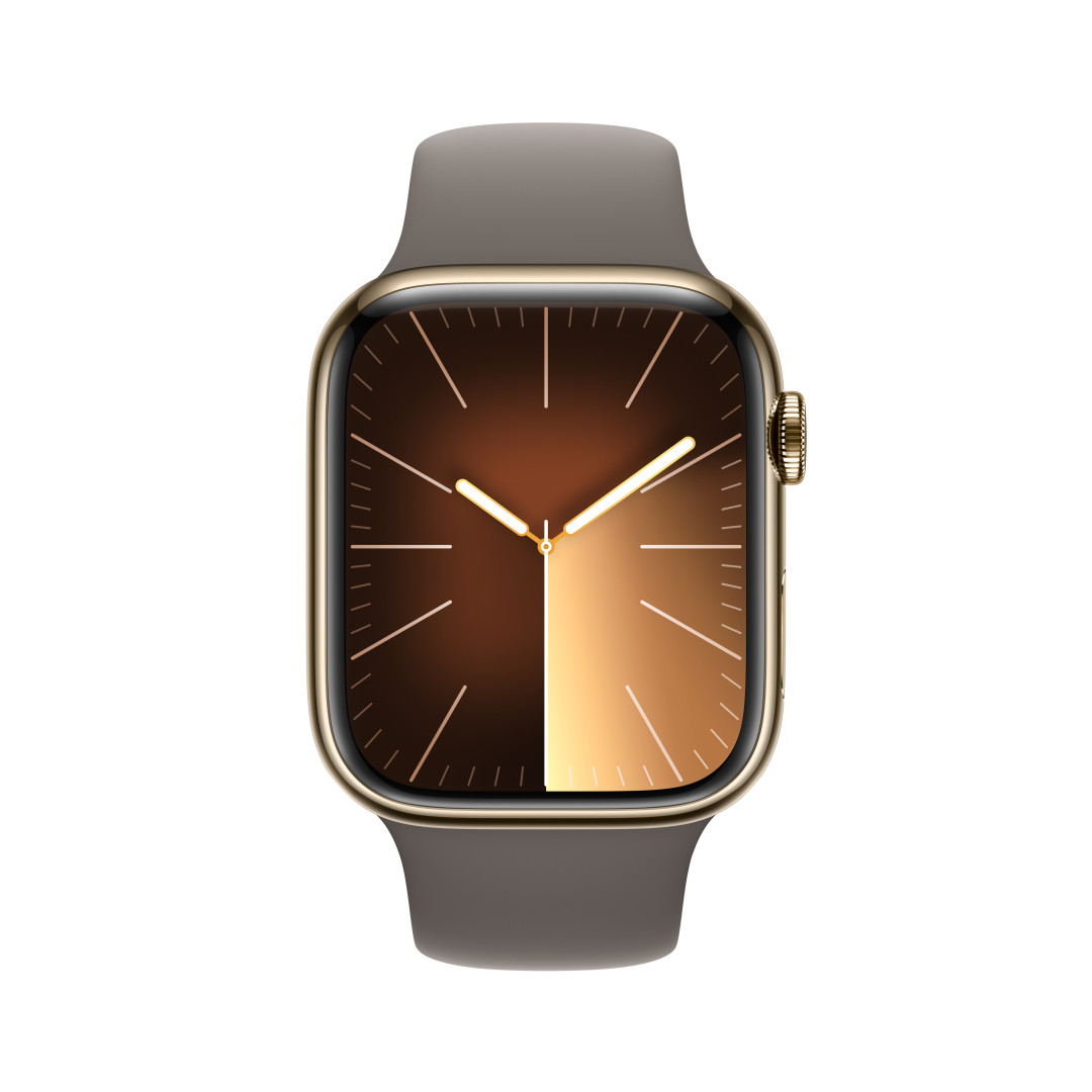 Apple Watch Series 9 45 mm Cellular Zlaté z nehrdzavejúcej ocele s hlineno-sivým športovým remienkom - S/M