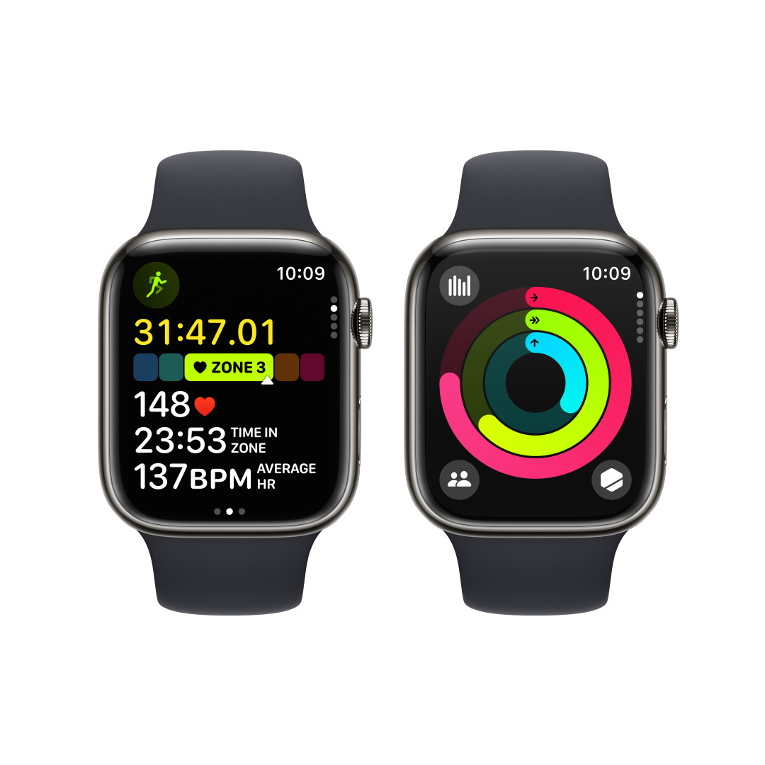 Apple Watch Series 9 45mm Cellular Grafitově šedý nerez s temně inkoustovým sportovním řemínkem - S/M
