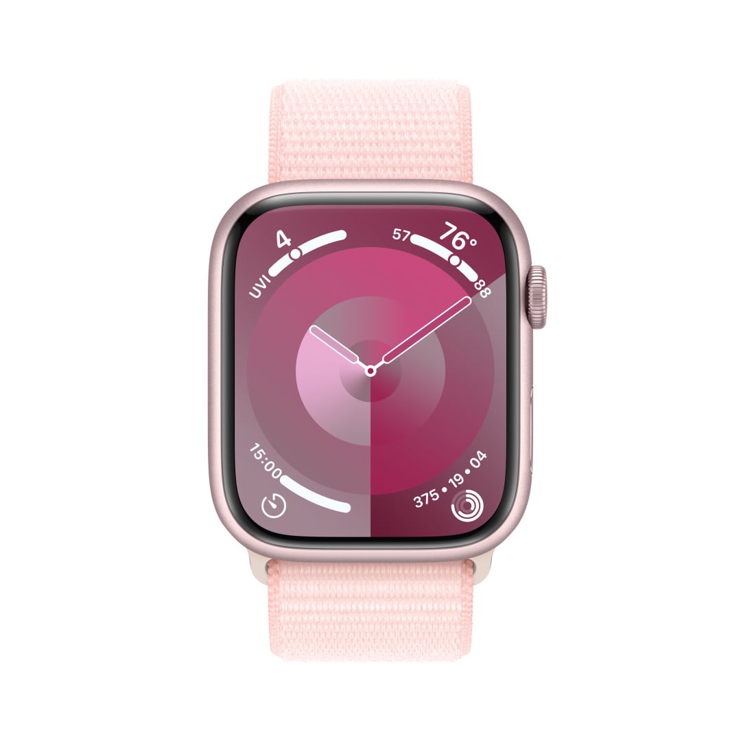 Apple Watch Series 9 45mm Cellular Růžový hliník se světle růžovým provlékacím sportovním řemínkem
