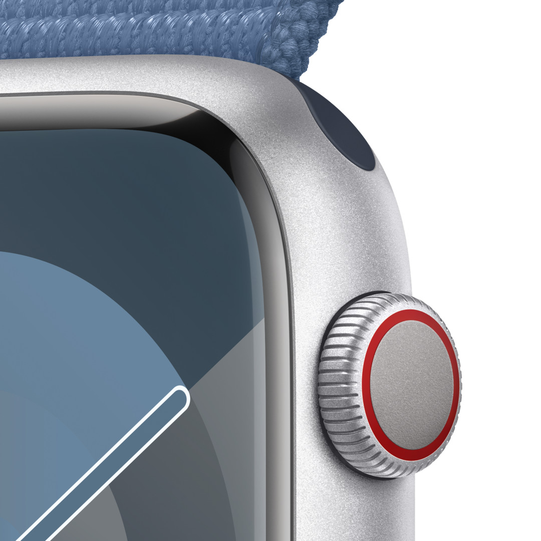 Apple Watch Series 9 45mm Cellular Stříbrný hliník s ledově modrým provlékacím sportovním řemínkem