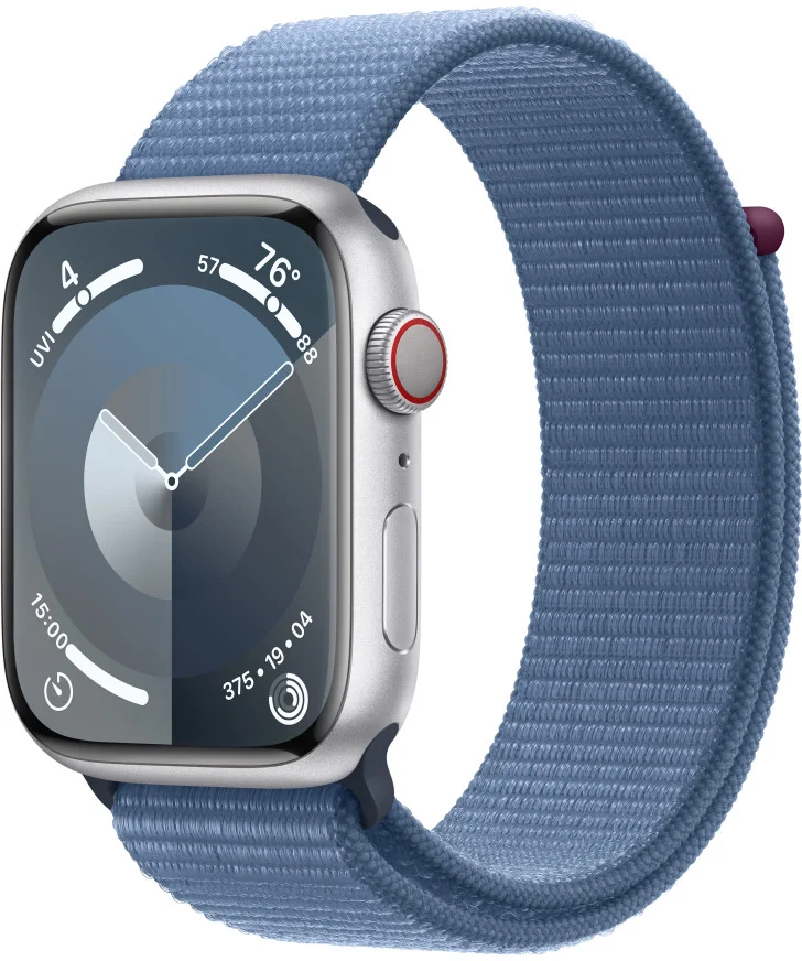 Apple Watch Series 9 45mm Cellular Stříbrný hliník s ledově modrým provlékacím sportovním řemínkem
