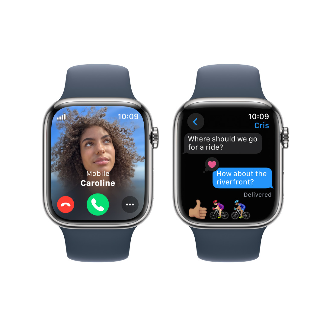 Apple Watch Series 9 45mm Cellular Stříbrný nerez s ledově modrým sportovním řemínkem - M/L
