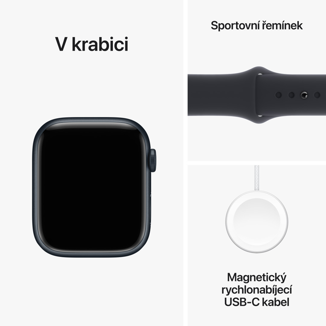 Apple Watch Series 9 45mm Cellular Temně inkoustový hliník s temně inkoustovým sportovním řemínkem -S/M