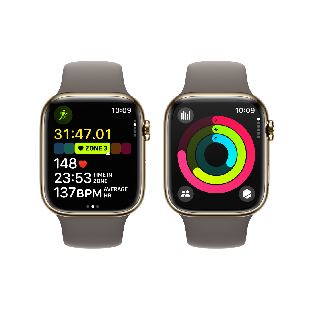 Apple Watch Series 9 45mm Cellular Zlatý nerez s jílově šedým sportovním řemínkem - M/L