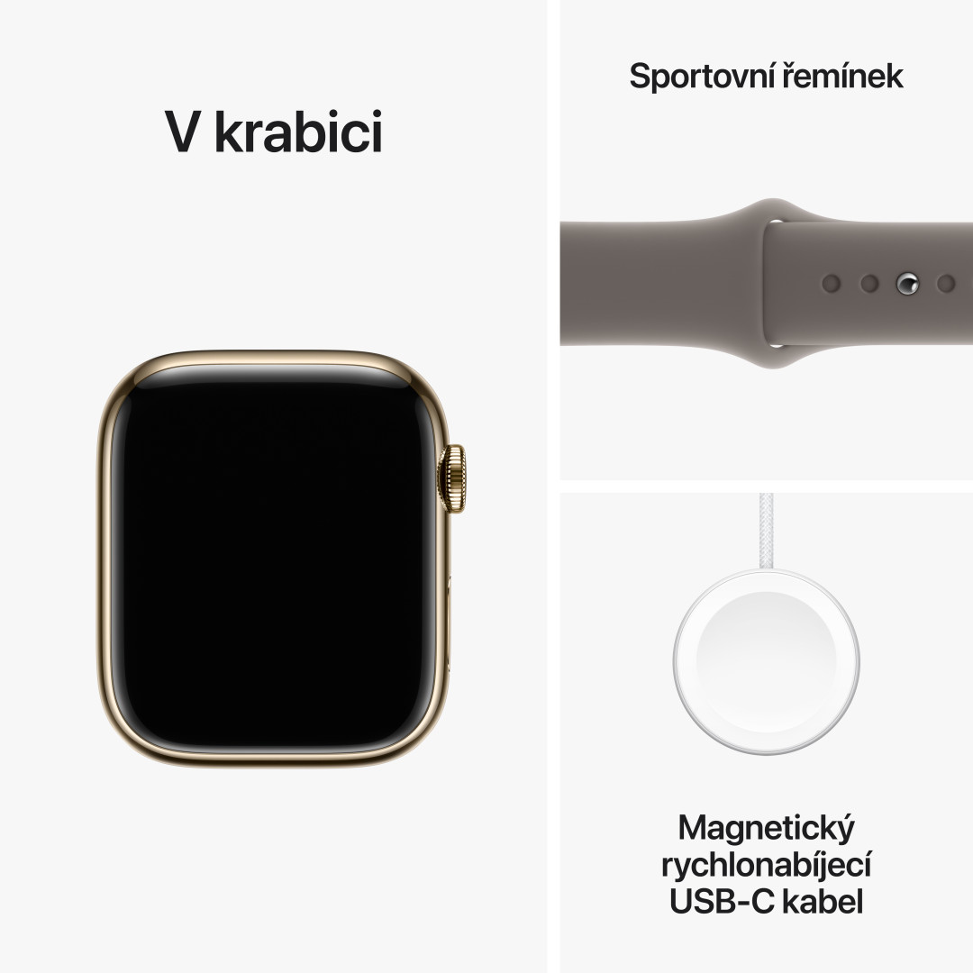 Apple Watch Series 9 45mm Cellular Zlatý nerez s jílově šedým sportovním řemínkem - S/M