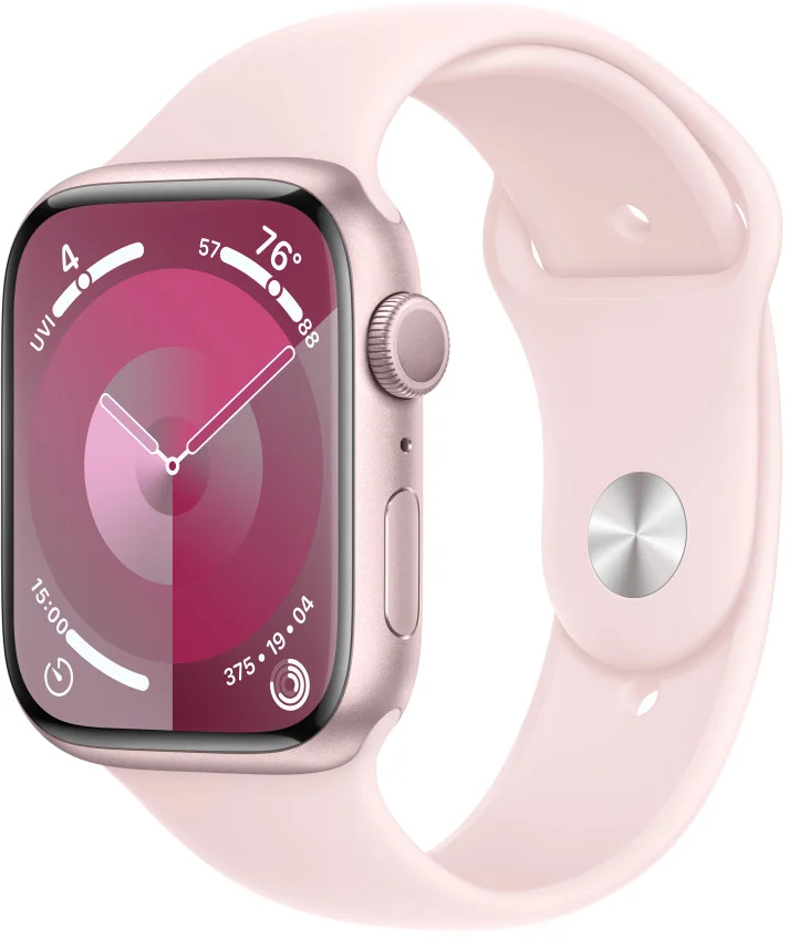 Apple Watch Series 9 45mm Růžový hliník se světle růžovým sportovním řemínkem - M/L