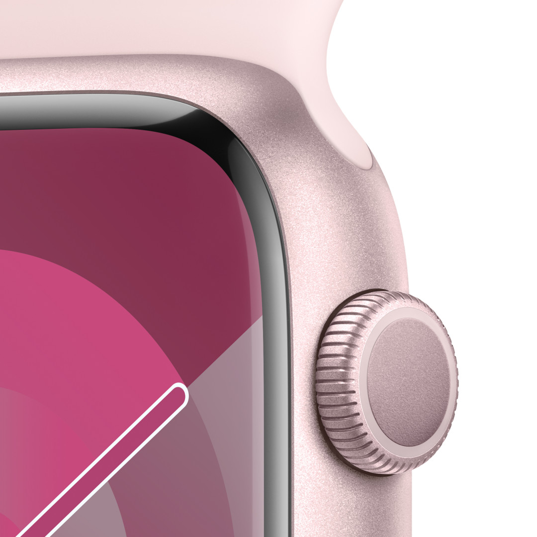 Apple Watch Series 9 45mm Růžový hliník se světle růžovým sportovním řemínkem - S/M