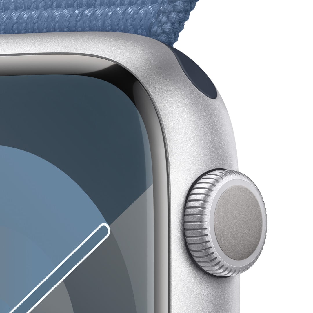 Apple Watch Series 9 45mm Stříbrný hliník s ledově modrým provlékacím sportovním řemínkem