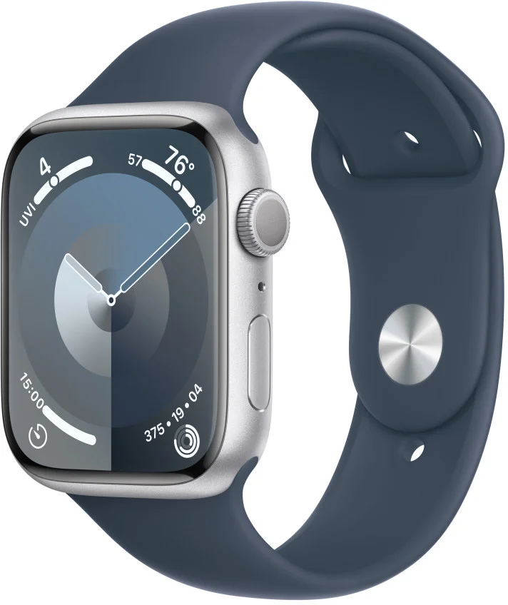 Apple Watch Series 9 45mm Stříbrný hliník s ledově modrým sportovním řemínkem - S/M