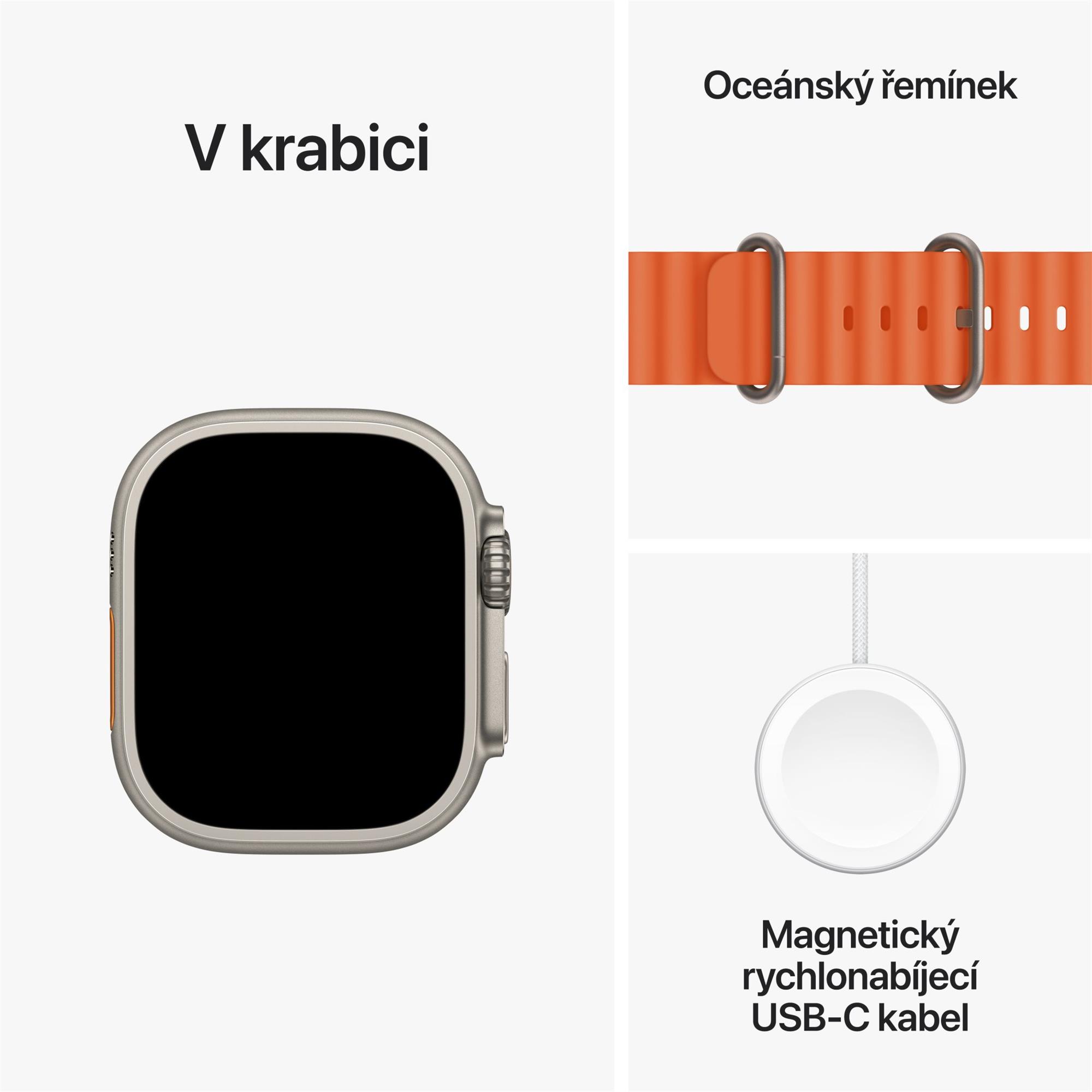 Apple Watch Ultra 2 49mm titanové pouzdro s oranžovým oceánským řemínkem