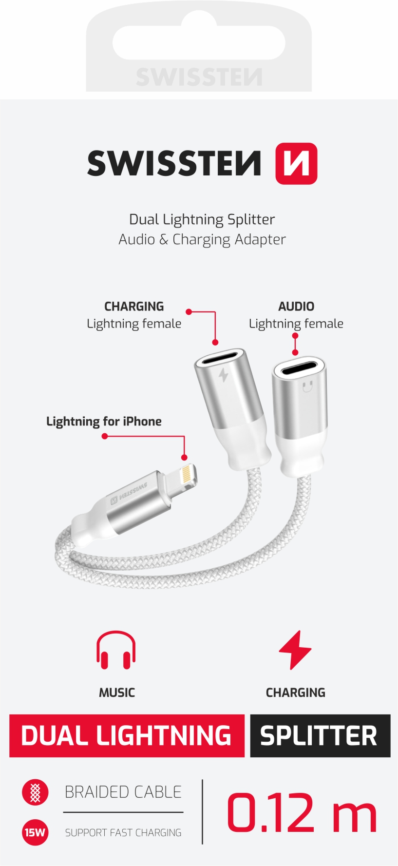 Audio adaptér Swissten Lightning 2× Lightning, biely